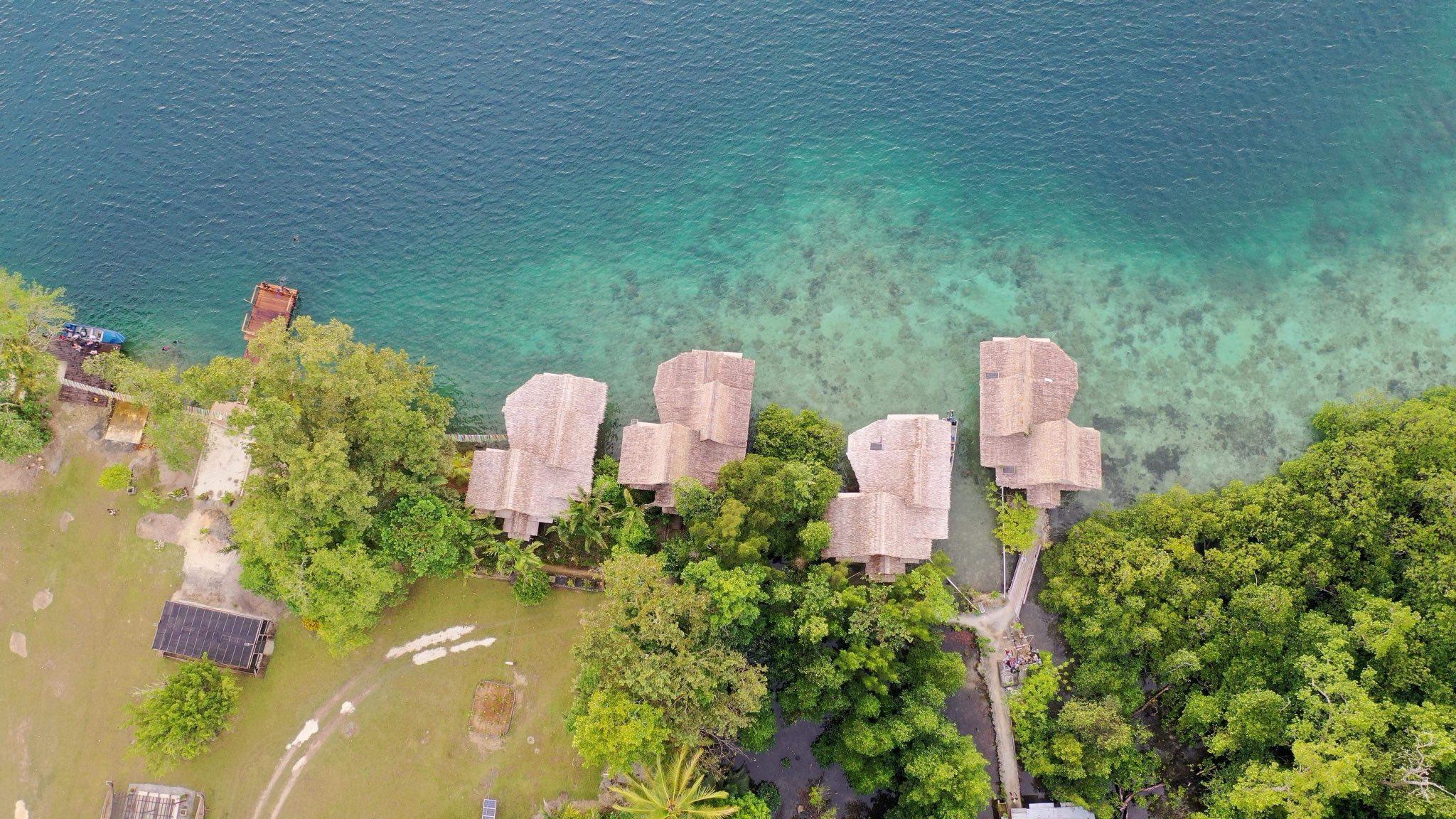 Pacific village huts on an ocean shoreline